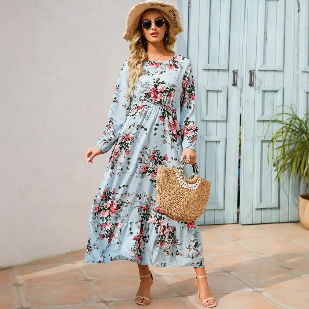 Women Chiffon Printed Skirt Dress Brown Floral Long Sleeve - Image 76