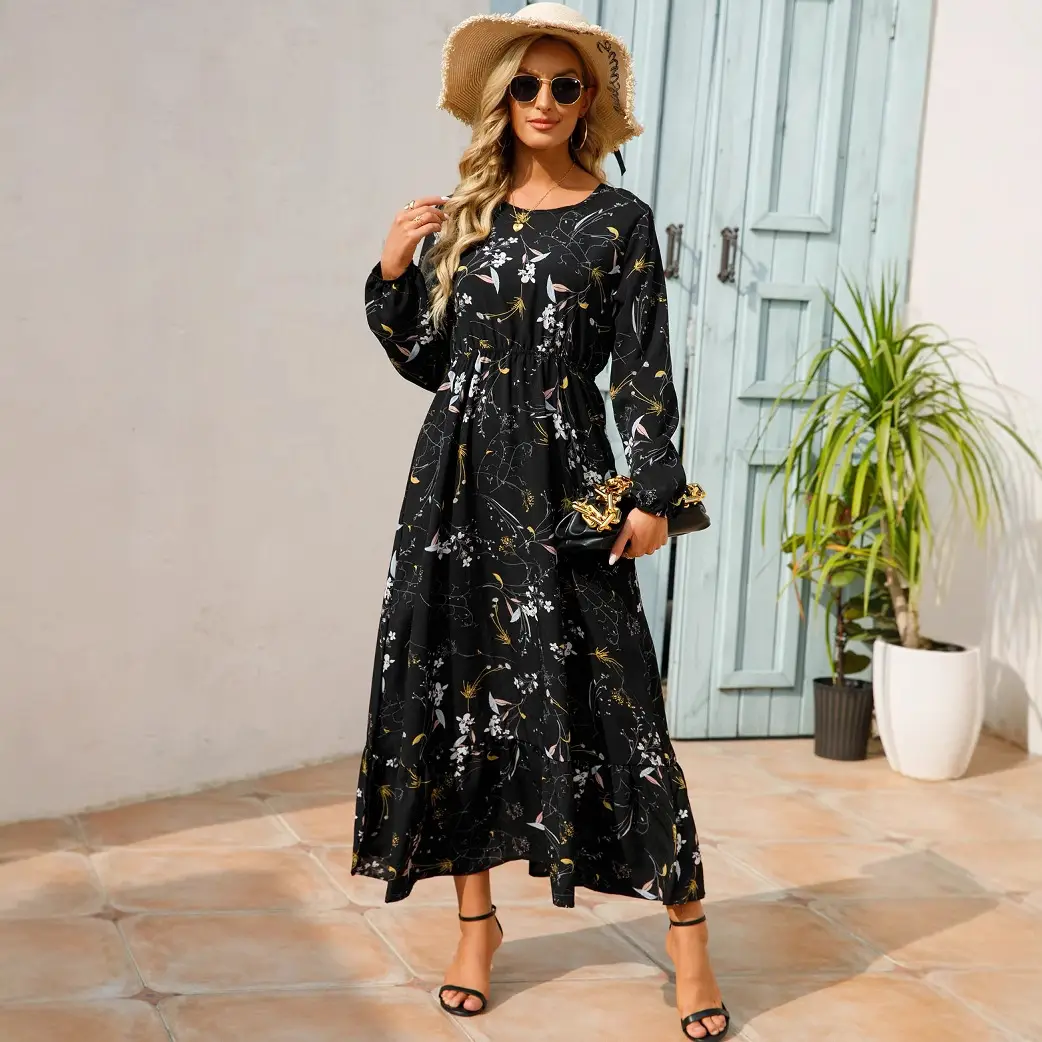 Women Chiffon Printed Skirt Dress Brown Floral Long Sleeve - Image 77
