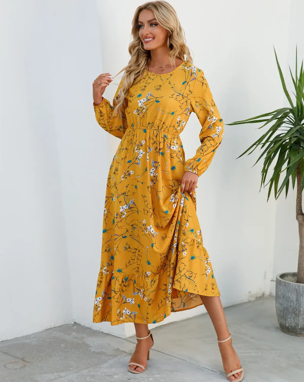 Women Chiffon Printed Skirt Dress Brown Floral Long Sleeve - Image 18