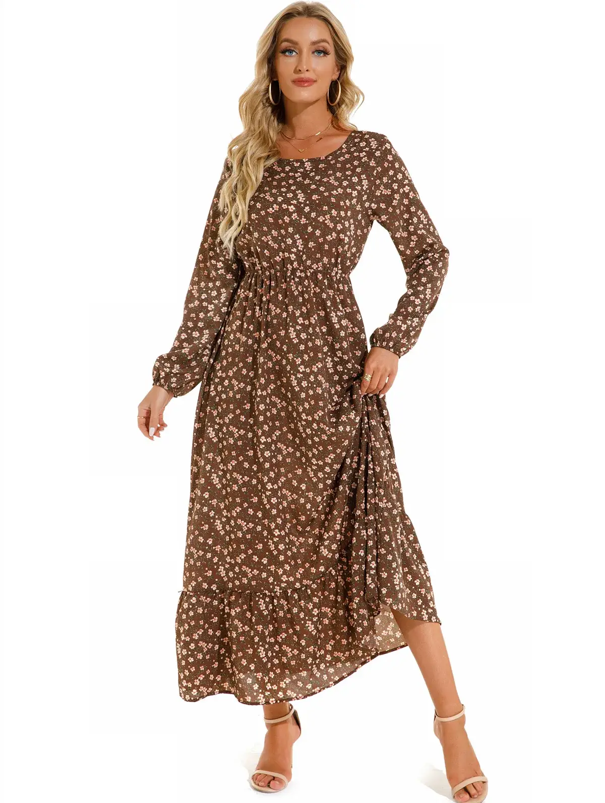 Women Chiffon Printed Skirt Dress Brown Floral Long Sleeve - Image 28
