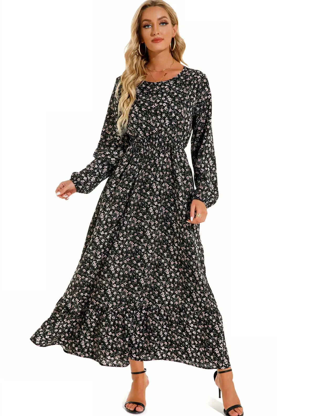 Women Chiffon Printed Skirt Dress Brown Floral Long Sleeve - Image 36