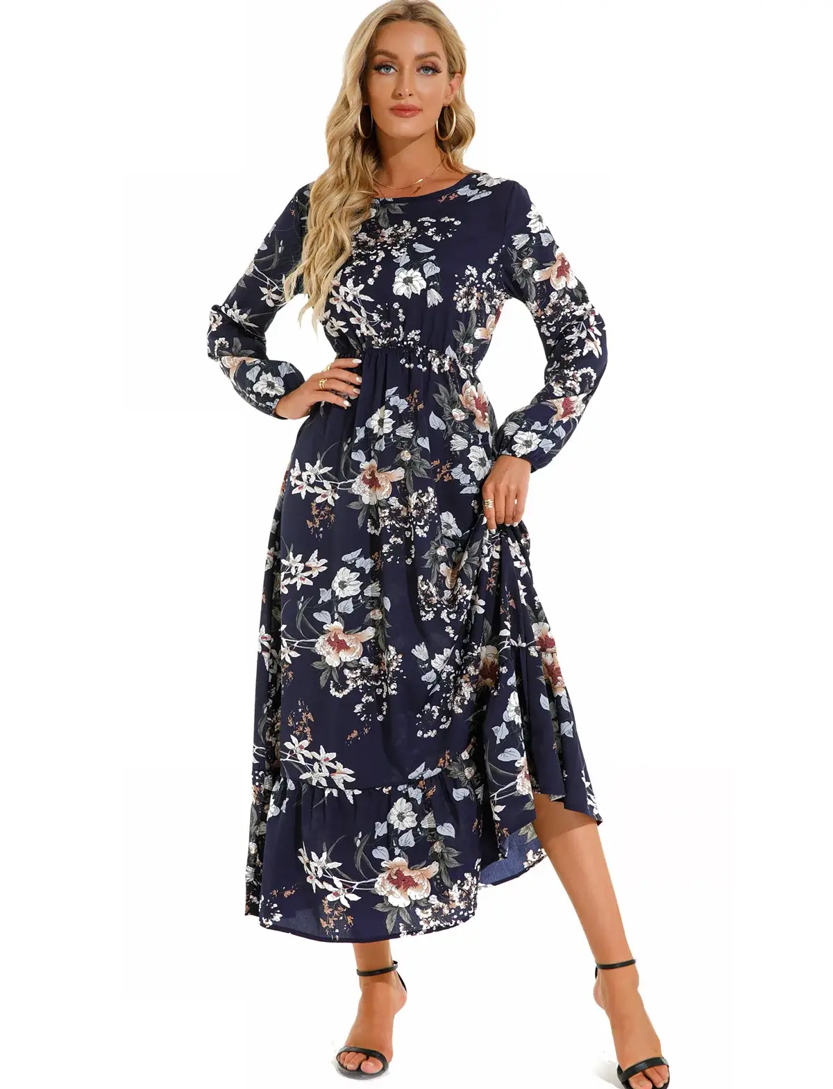 Women Chiffon Printed Skirt Dress Brown Floral Long Sleeve - Image 38