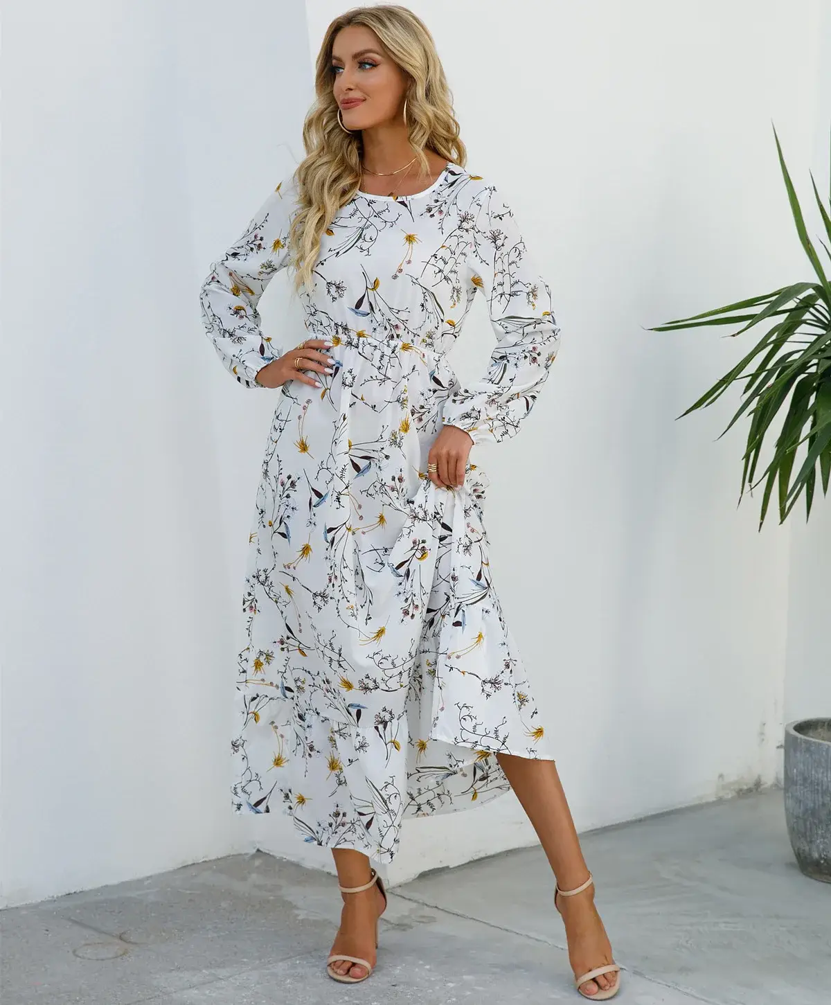 Women Chiffon Printed Skirt Dress Brown Floral Long Sleeve - Image 42
