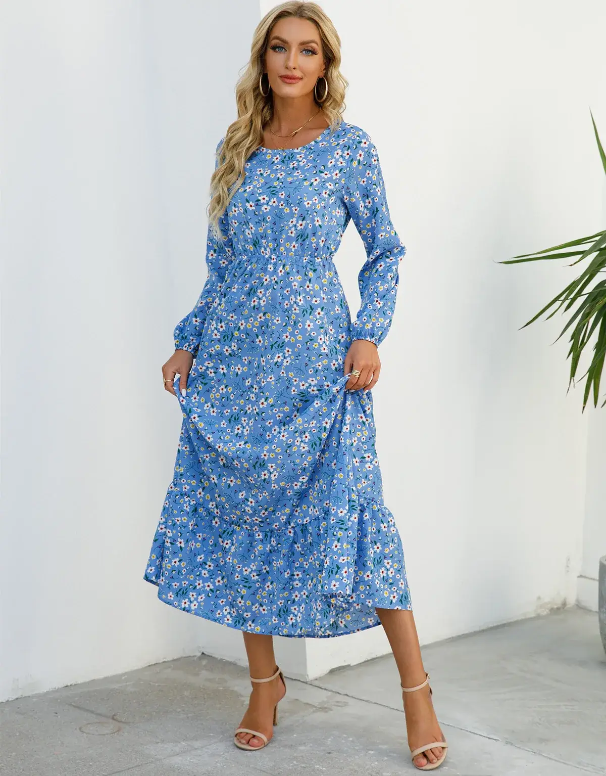 Women Chiffon Printed Skirt Dress Brown Floral Long Sleeve - Image 49