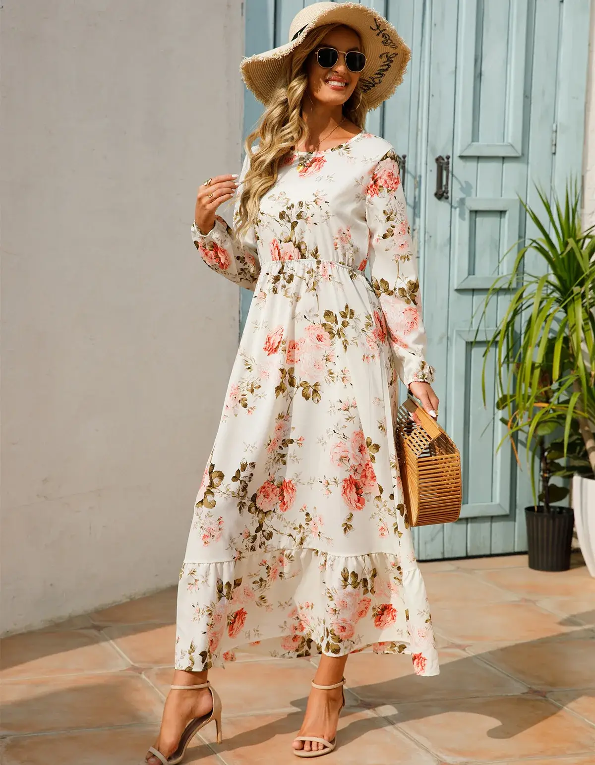 Women Chiffon Printed Skirt Dress Brown Floral Long Sleeve - Image 5