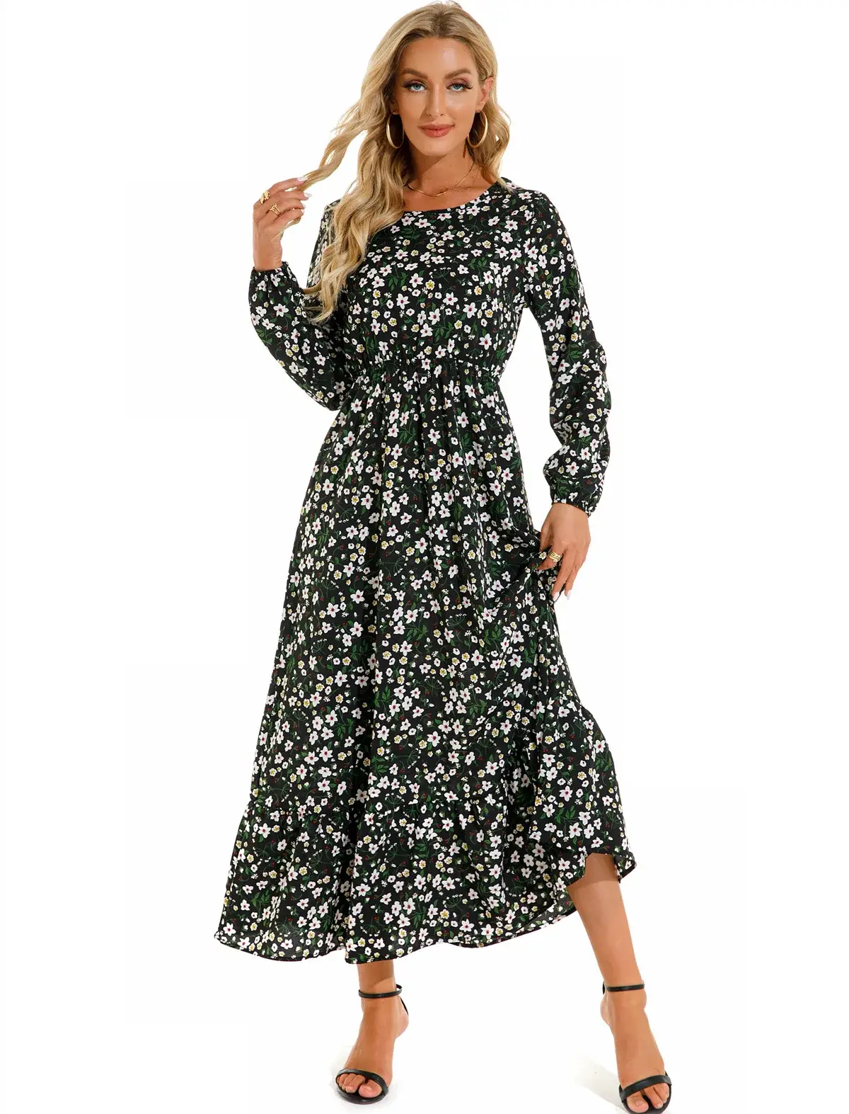 Women Chiffon Printed Skirt Dress Brown Floral Long Sleeve - Image 54