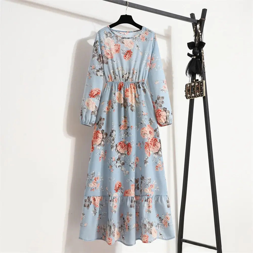 Women Chiffon Printed Skirt Dress Brown Floral Long Sleeve - Image 63