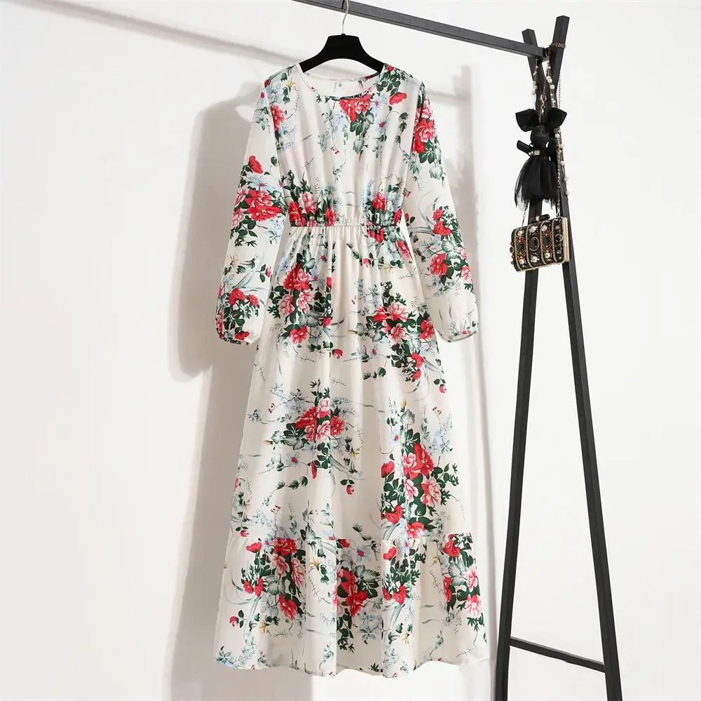 Women Chiffon Printed Skirt Dress Brown Floral Long Sleeve - Image 68