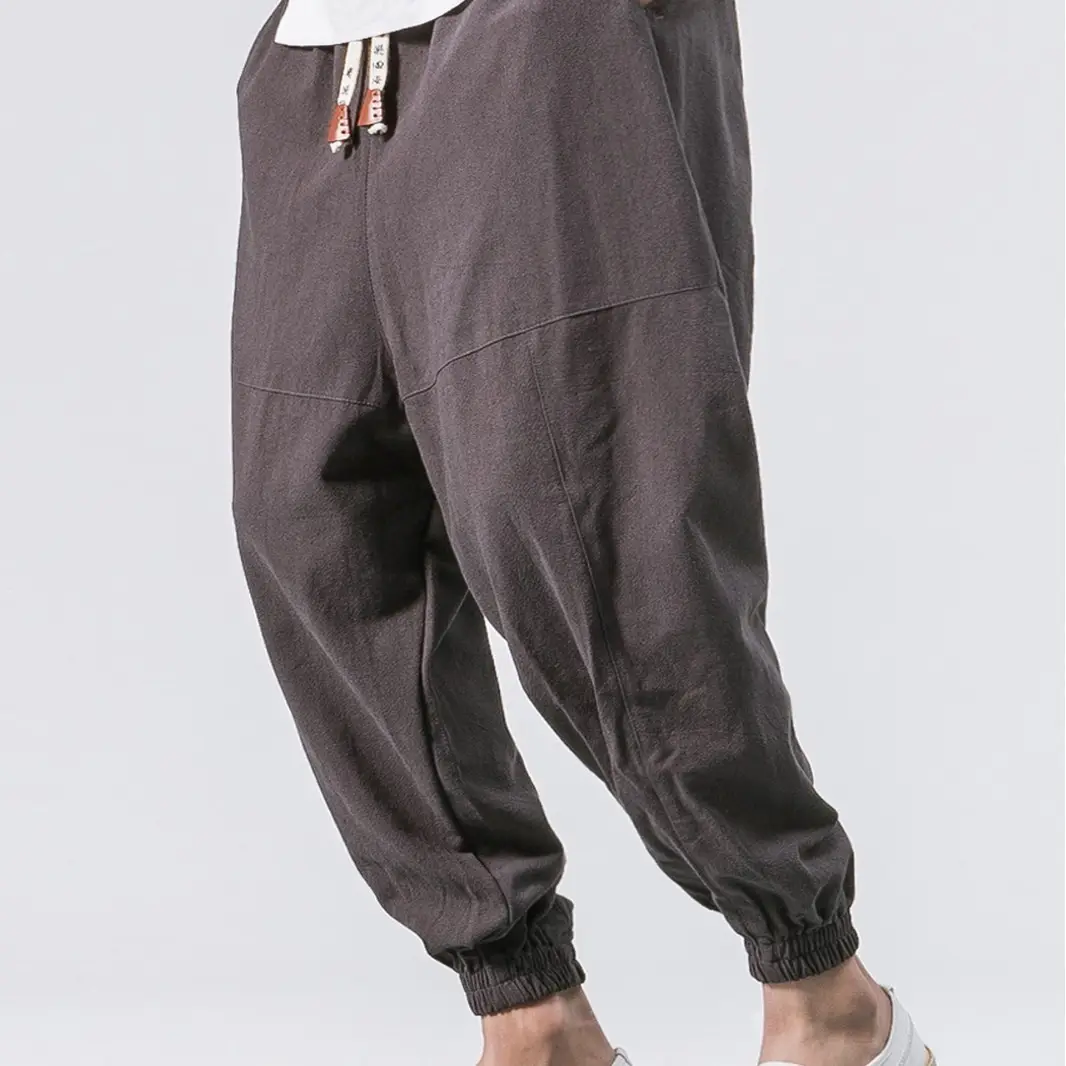 Men's Japanese Style Linen Leggings Brown Casual Pants - Image 8
