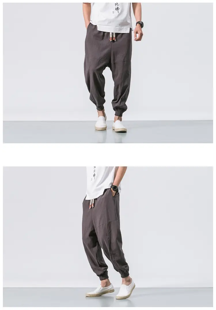 Men's Japanese Style Linen Leggings Brown Casual Pants — feature 10