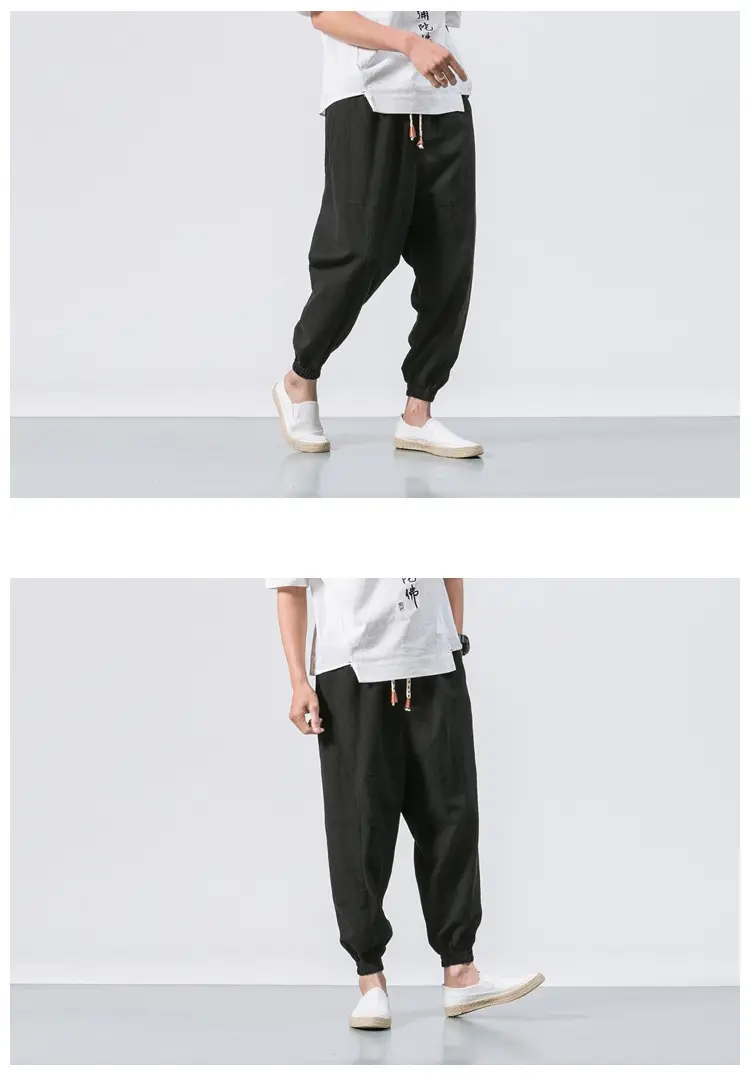 Men's Japanese Style Linen Leggings Brown Casual Pants — feature 14