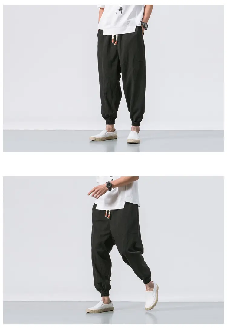 Men's Japanese Style Linen Leggings Brown Casual Pants — feature 15