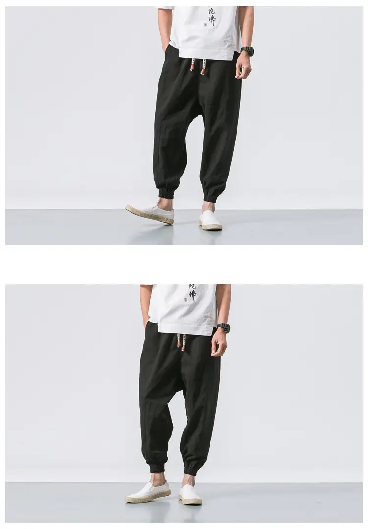 Men's Japanese Style Linen Leggings Brown Casual Pants — feature 16