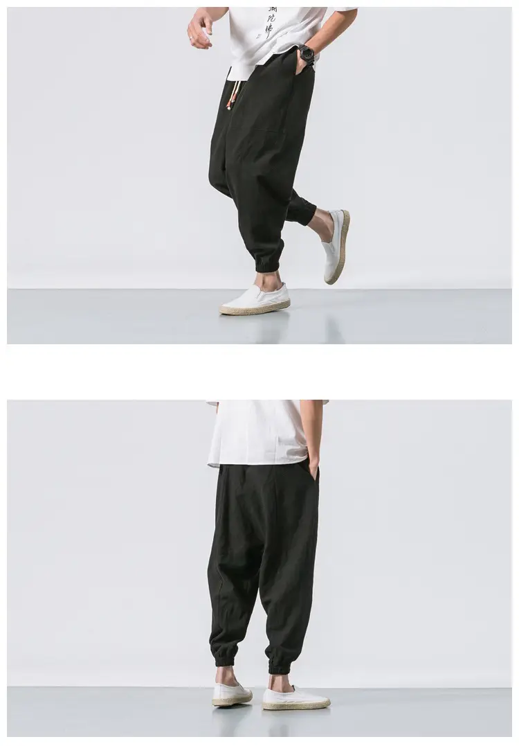 Men's Japanese Style Linen Leggings Brown Casual Pants — feature 17