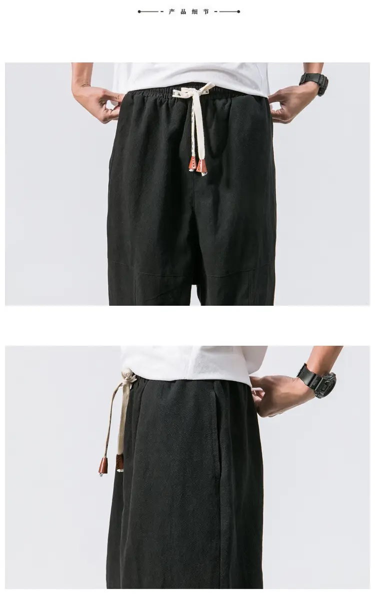 Men's Japanese Style Linen Leggings Brown Casual Pants — feature 18