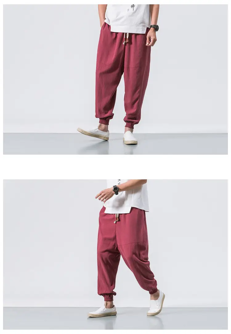 Men's Japanese Style Linen Leggings Brown Casual Pants — feature 2