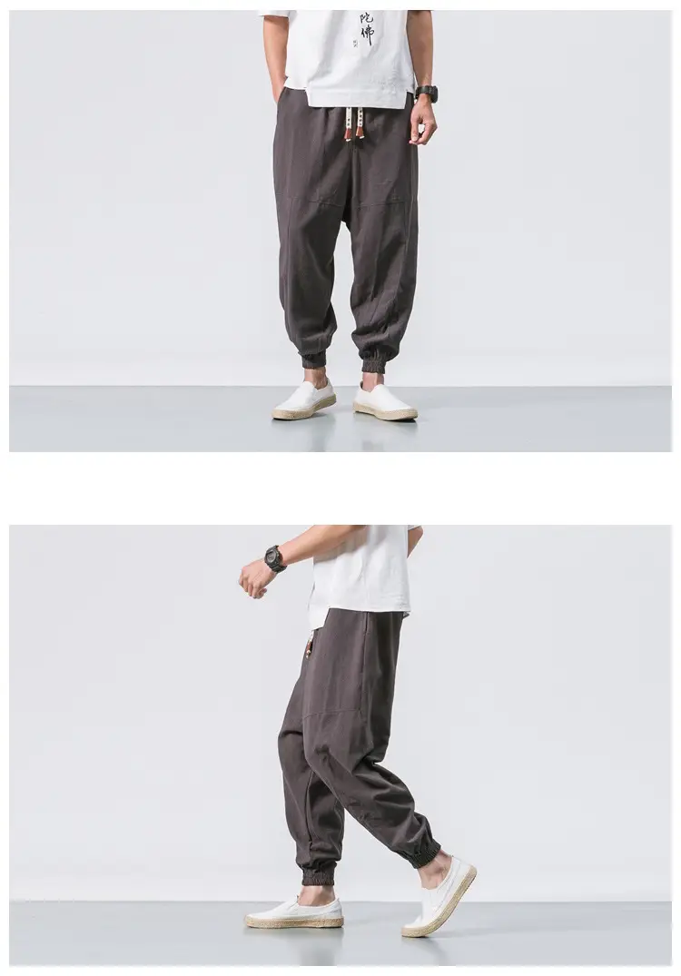 Men's Japanese Style Linen Leggings Brown Casual Pants — feature 7