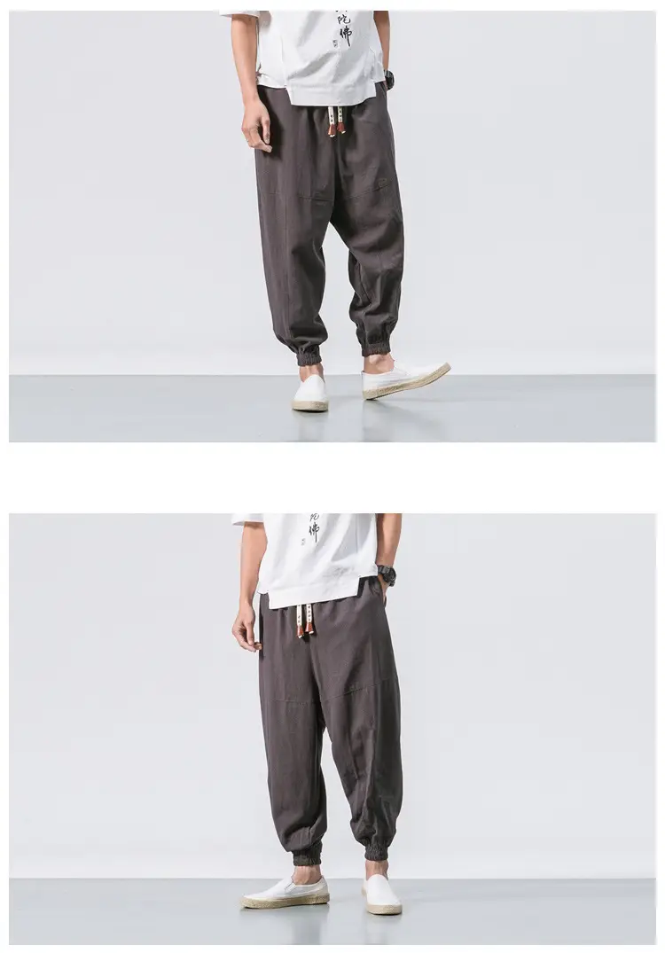 Men's Japanese Style Linen Leggings Brown Casual Pants — feature 8