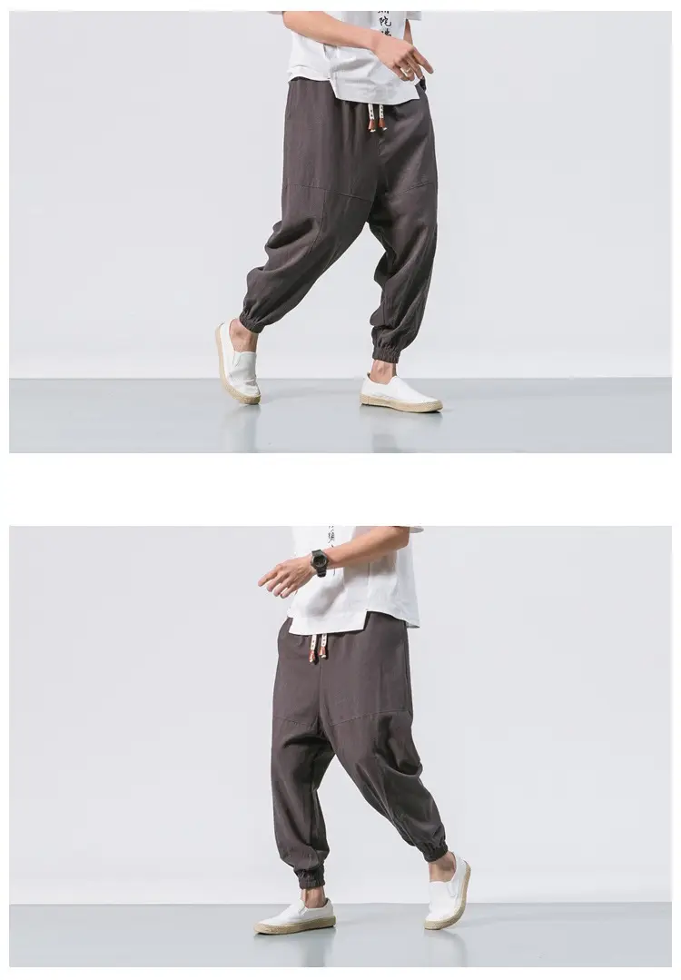 Men's Japanese Style Linen Leggings Brown Casual Pants — feature 9