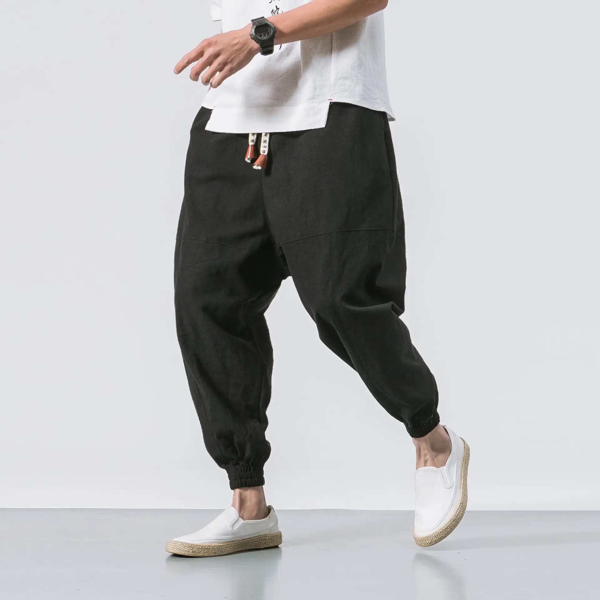 Men's Japanese Style Linen Leggings Brown Casual Pants - Image 3