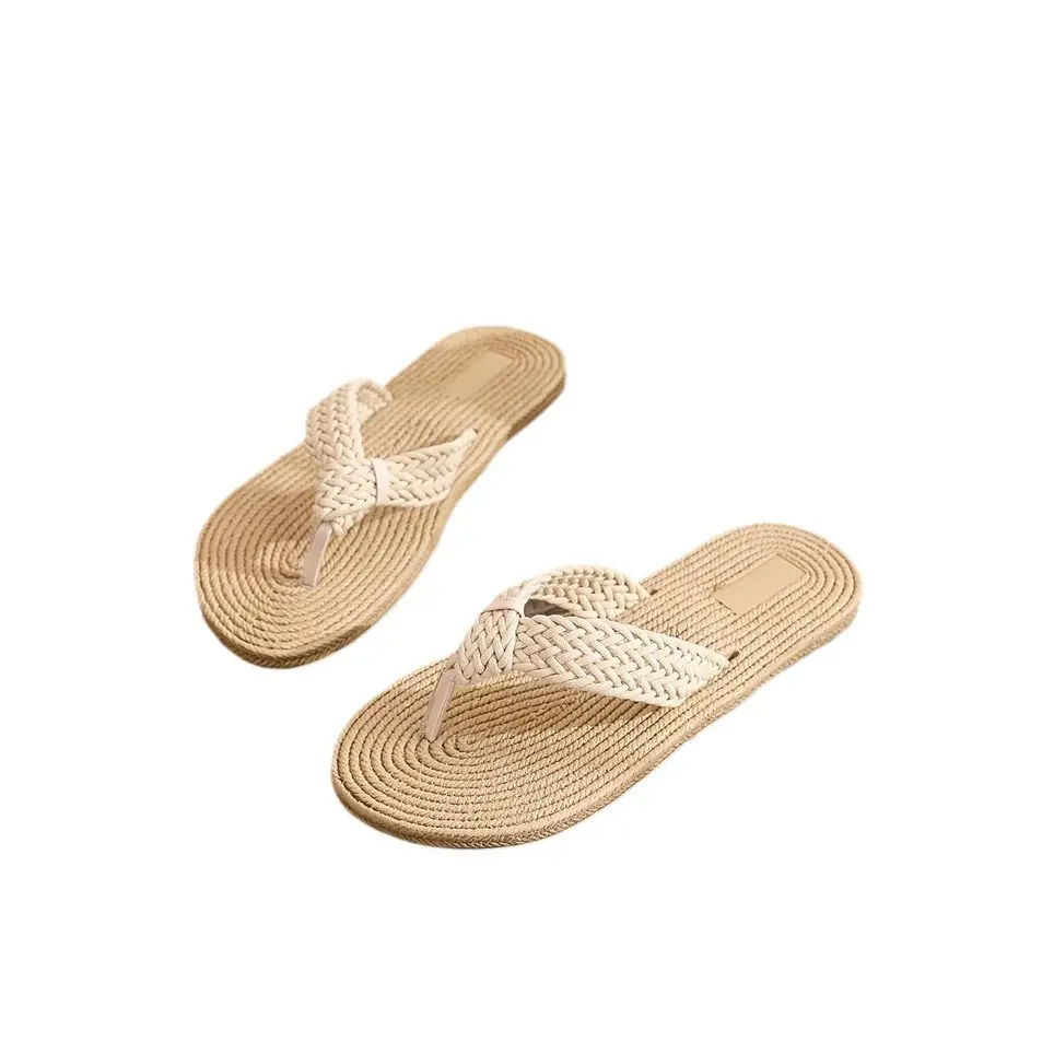 Cross-Border Summer New Style Imitation Hemp Rope Travel Espadrille Women's Sandals Outer Wear Flip-Flops Women's Beach Flat Flip-Flops