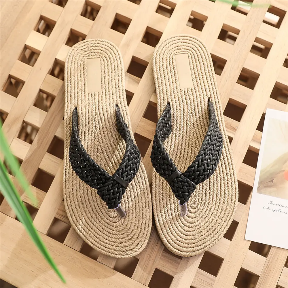 Cross-Border Summer New Style Imitation Hemp Rope Travel Espadrille Women's Sandals Outer Wear Flip-Flops Women's Beach Flat Flip-Flops
