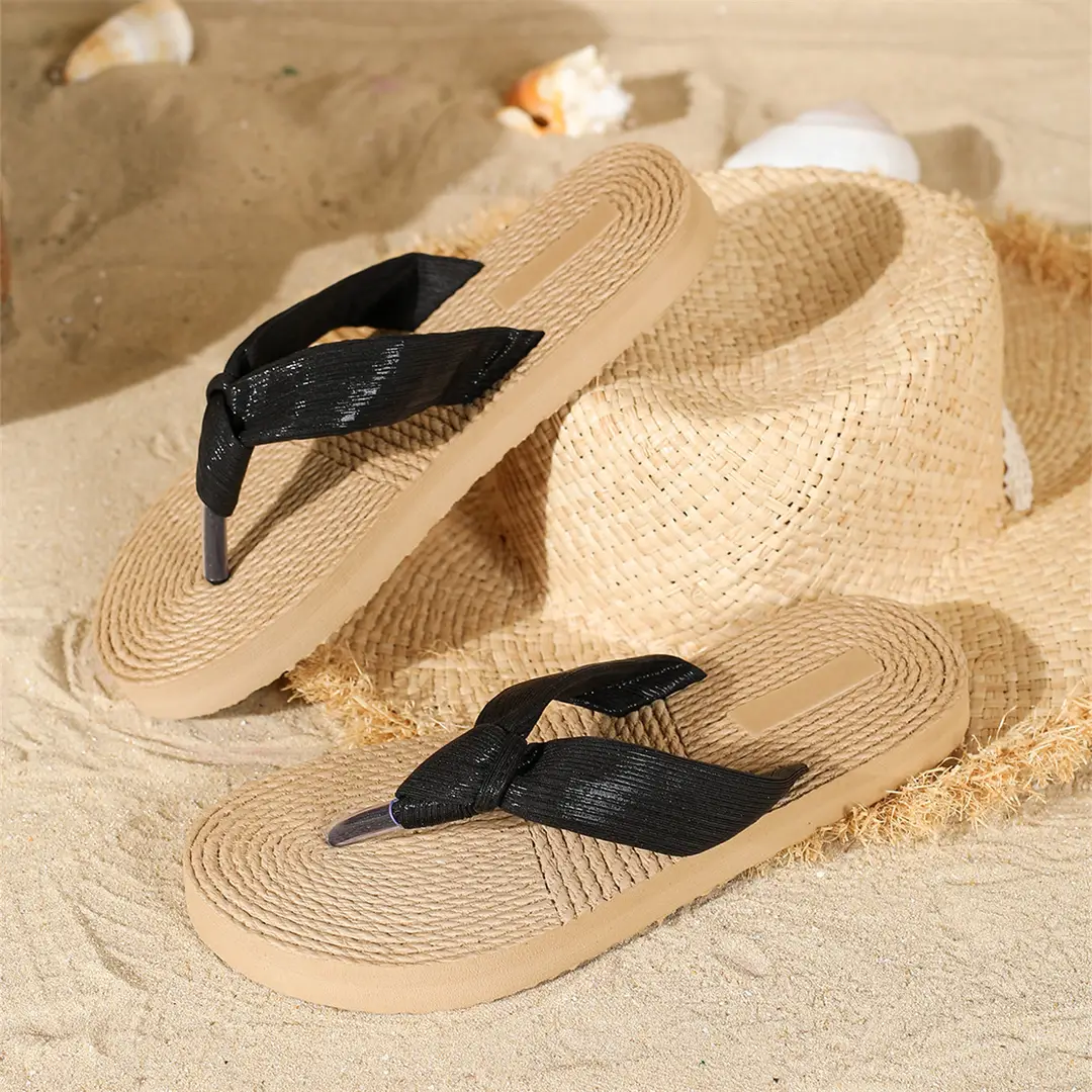 Cross-Border Summer New Style Imitation Hemp Rope Travel Espadrille Women's Sandals Outer Wear Flip-Flops Women's Beach Flat Flip-Flops