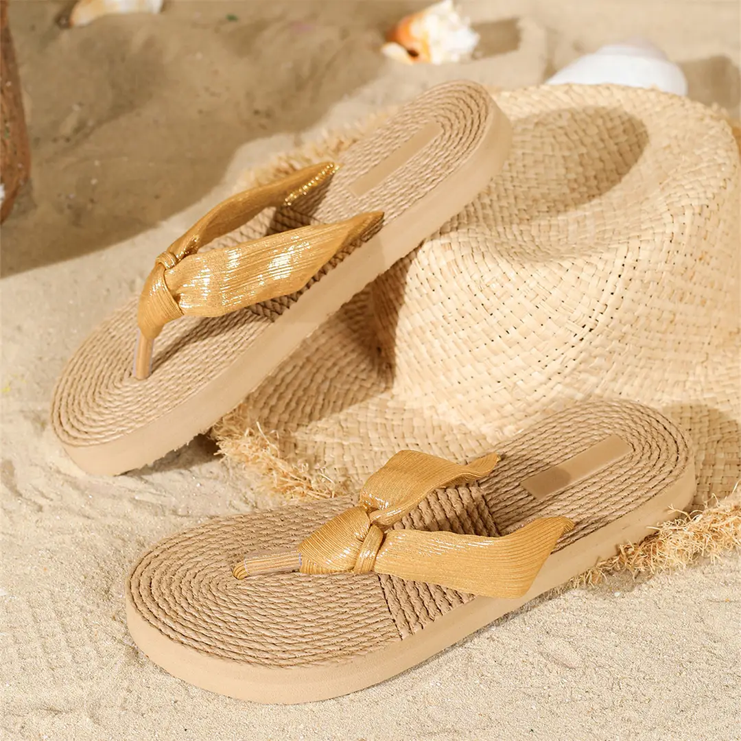Cross-Border Summer New Style Imitation Hemp Rope Travel Espadrille Women's Sandals Outer Wear Flip-Flops Women's Beach Flat Flip-Flops