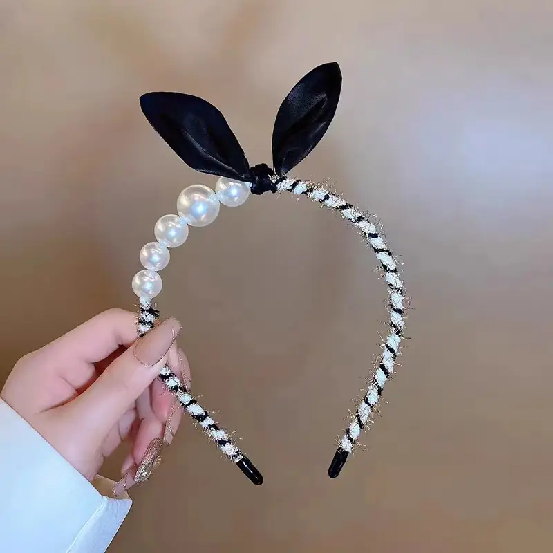 Black Bow Pearl Headband for Women Spring Summer - Image 4