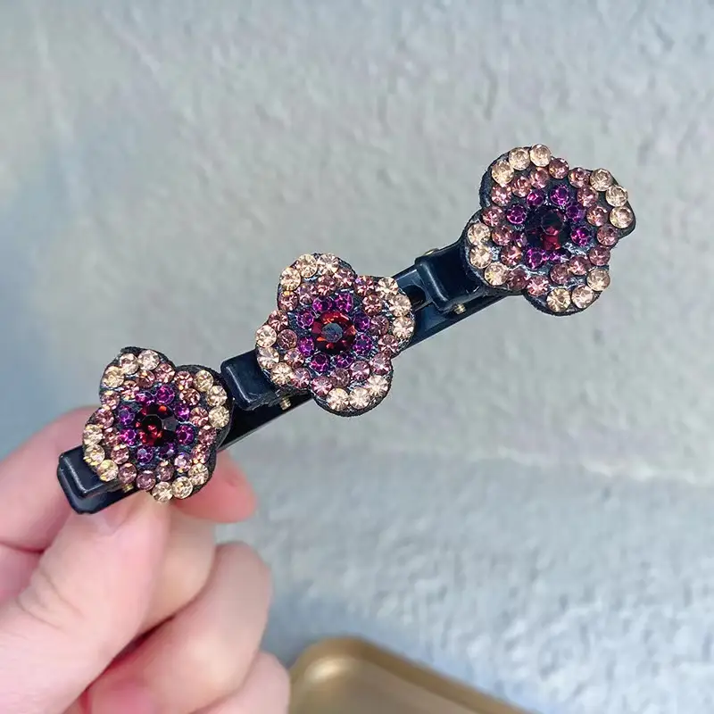 Elegant Rhinestone Flower Braided Hairpin with Full Diamond Clasp