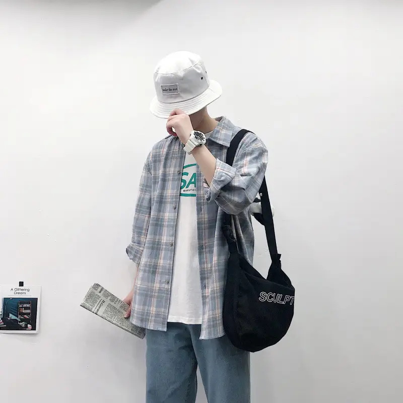 Men's Plaid Long Sleeve Shirt Loose Fit Korean Style - Image 3