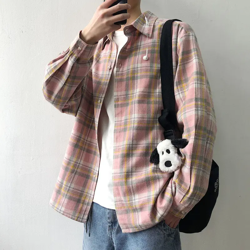 Men's Plaid Long Sleeve Shirt Loose Fit Korean Style - Image 2