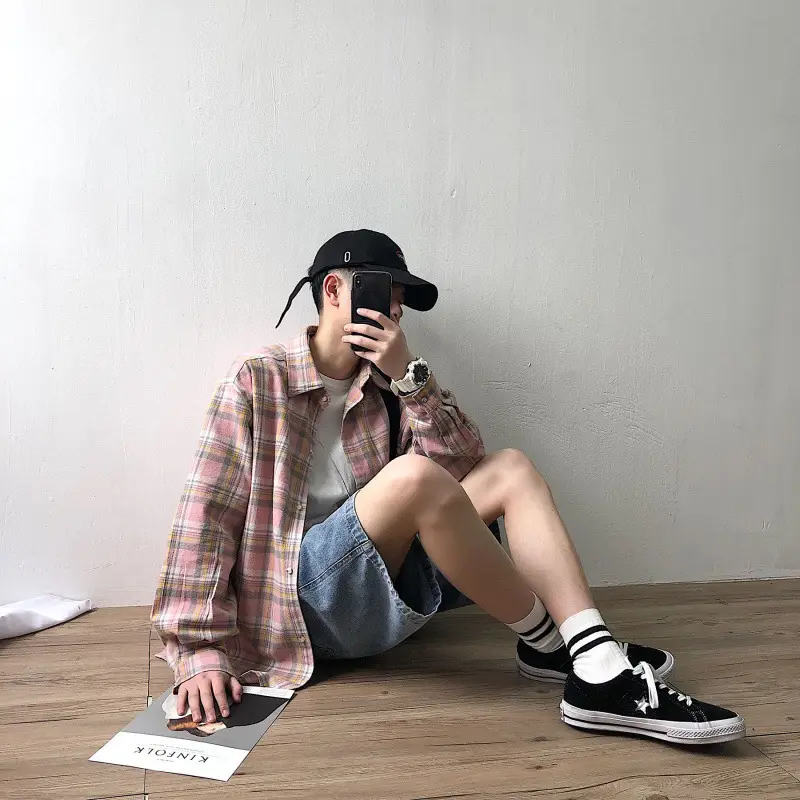 Men's Plaid Long Sleeve Shirt Loose Fit Korean Style - Image 4