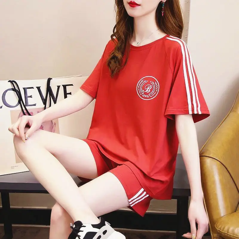 Red Student Casual Shorts Set Women Loose Fit