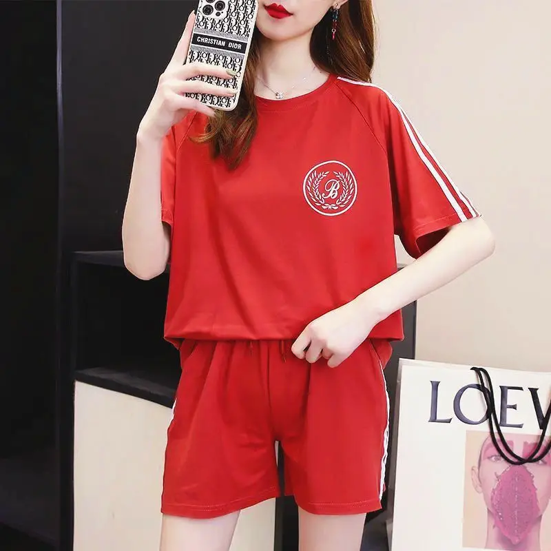 Red Student Casual Shorts Set Women Loose Fit