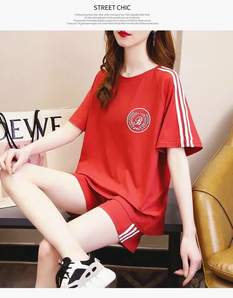 Red Student Casual Shorts Set Women Loose Fit — feature 16