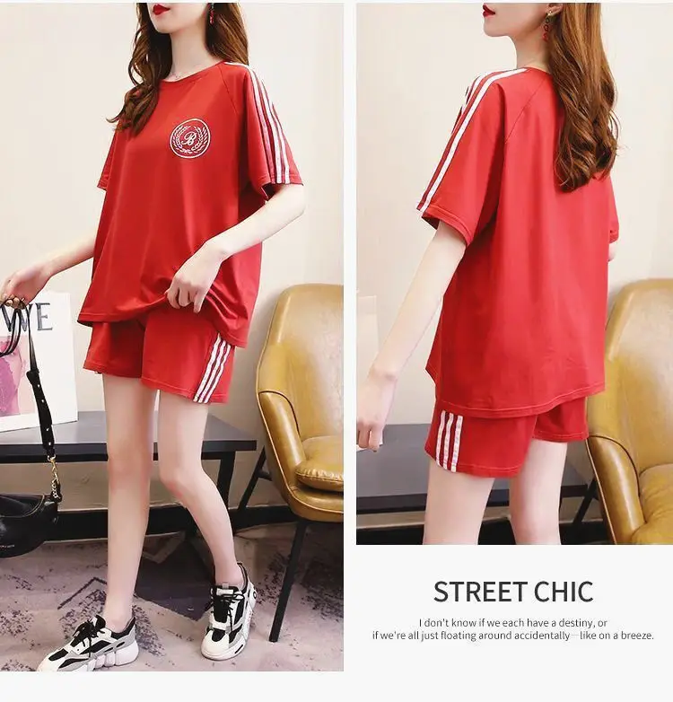 Red Student Casual Shorts Set Women Loose Fit — feature 17