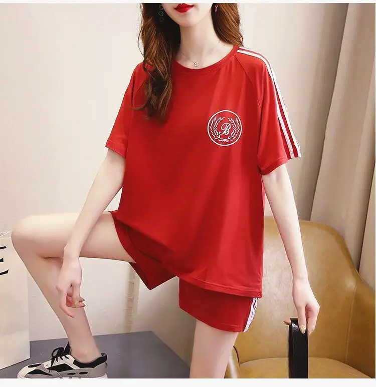 Red Student Casual Shorts Set Women Loose Fit — feature 18