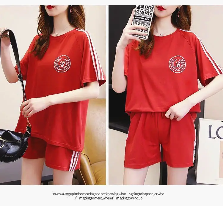 Red Student Casual Shorts Set Women Loose Fit — feature 19