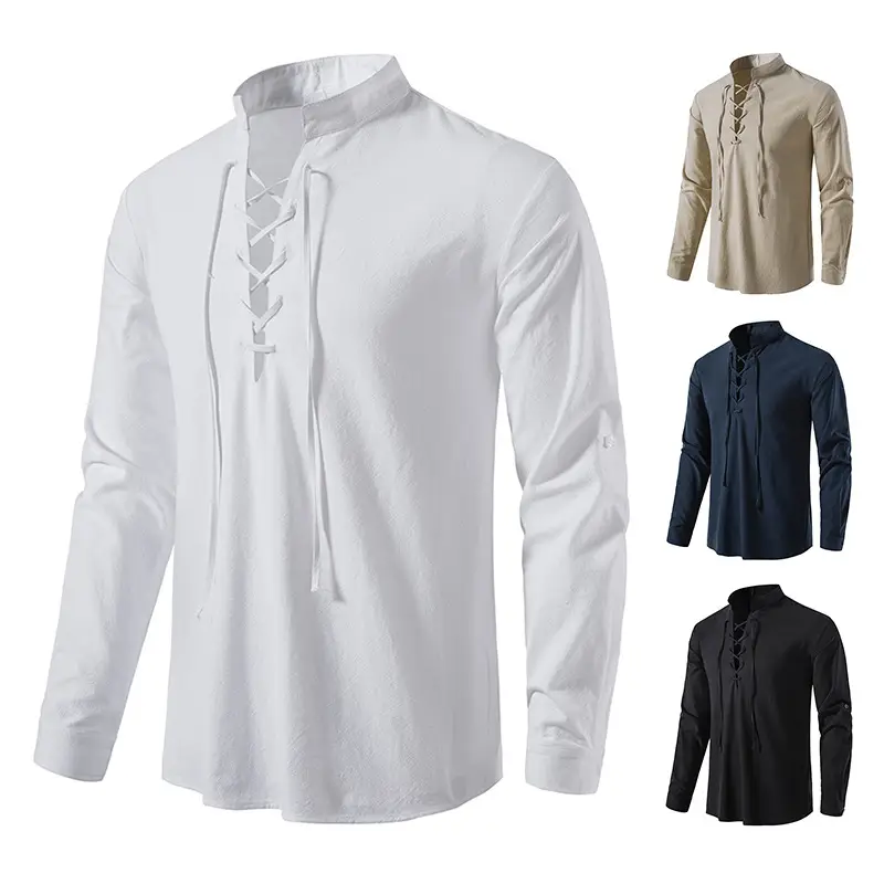 Men Cotton Linen Long Sleeve Shirt White - Image 6