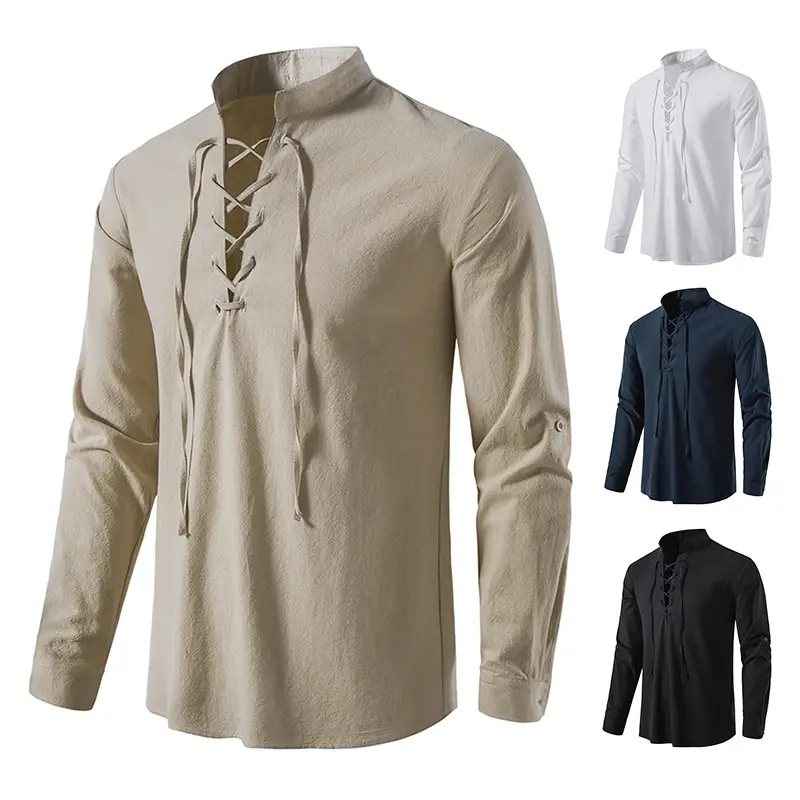 Men Cotton Linen Long Sleeve Shirt White - Image 7