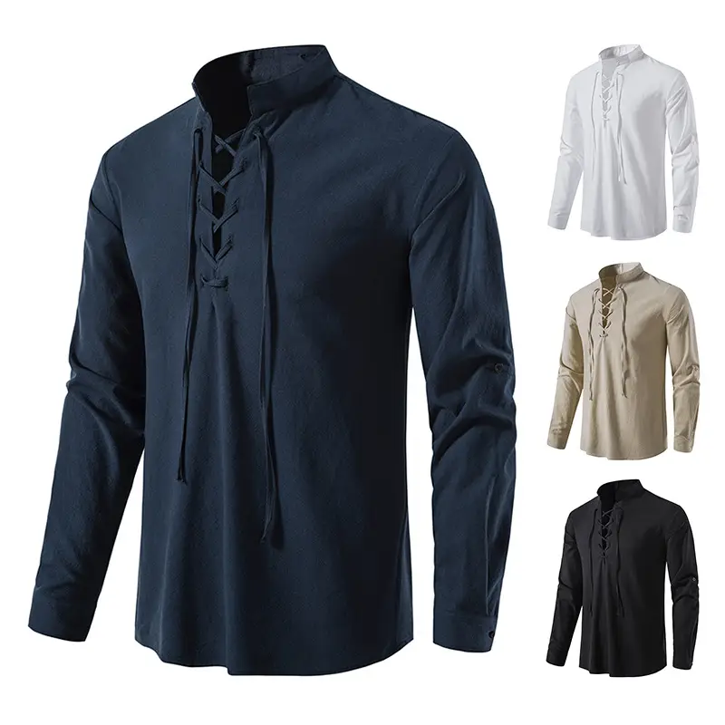 Men Cotton Linen Long Sleeve Shirt White - Image 8