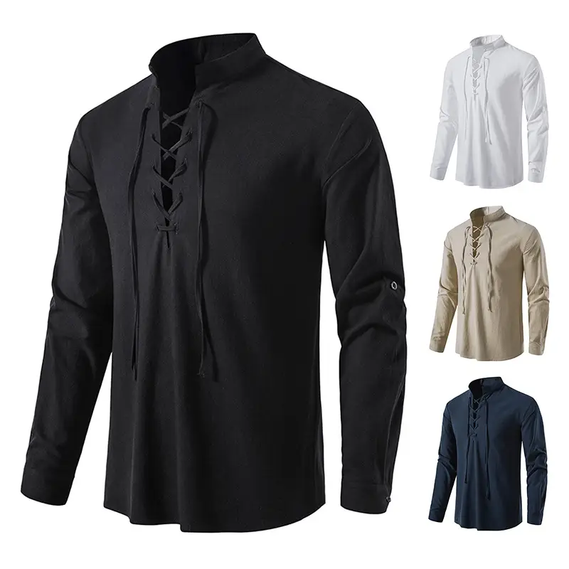 Men Cotton Linen Long Sleeve Shirt White - Image 9