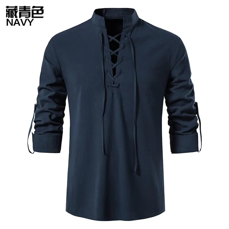 Men Cotton Linen Long Sleeve Shirt White - Image 3