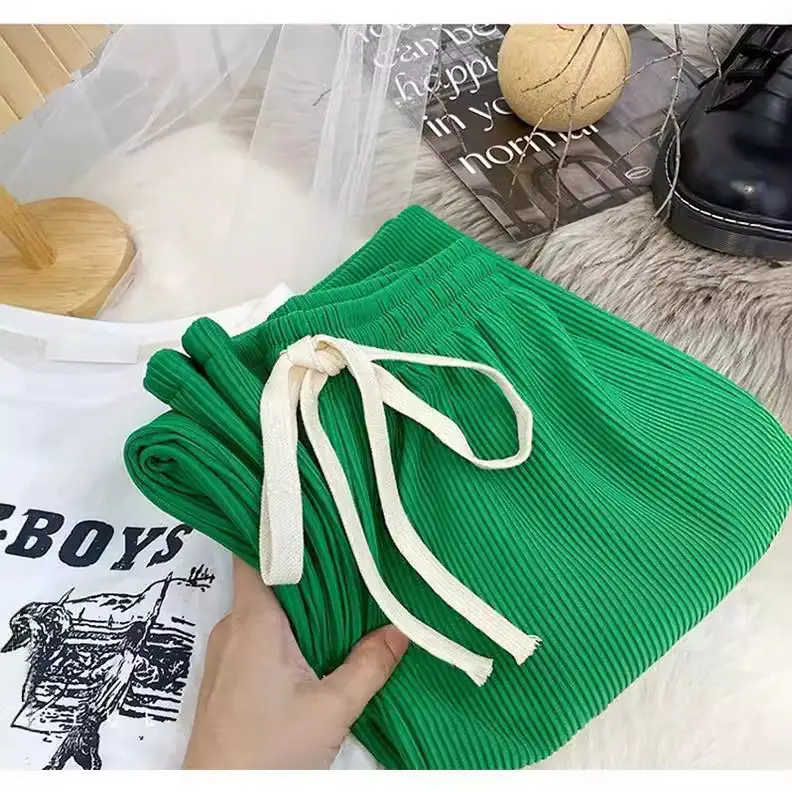 Green Drawstring Wide Leg Pants for Women