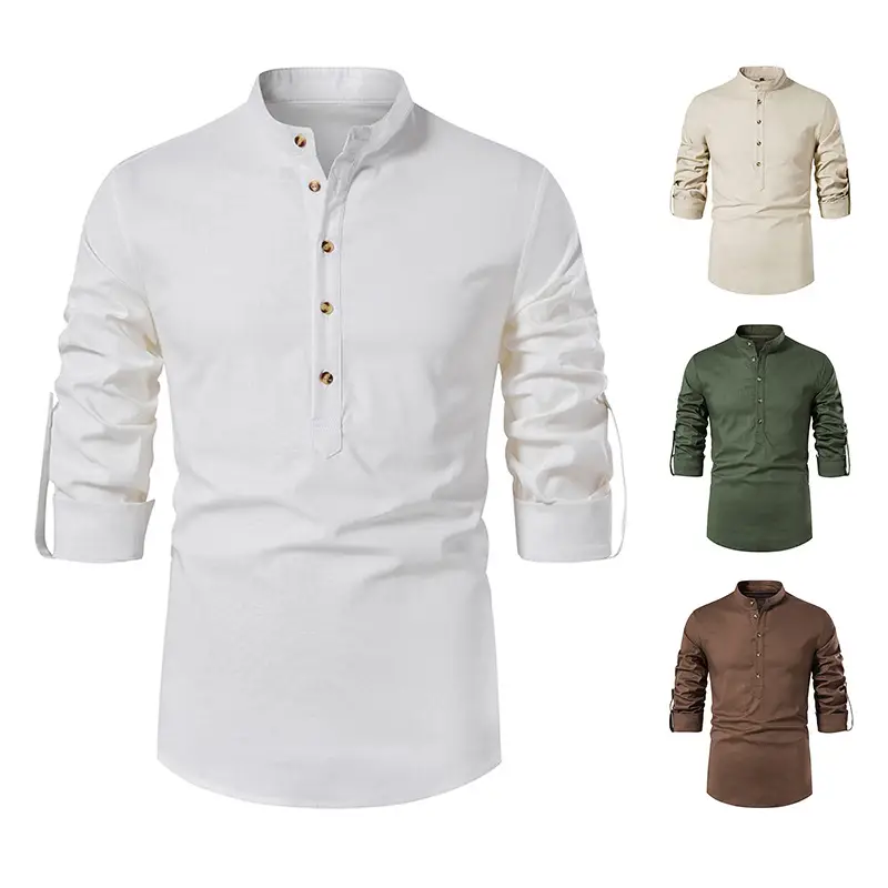 Men's White Linen Button Front Shirt Medium - Image 4