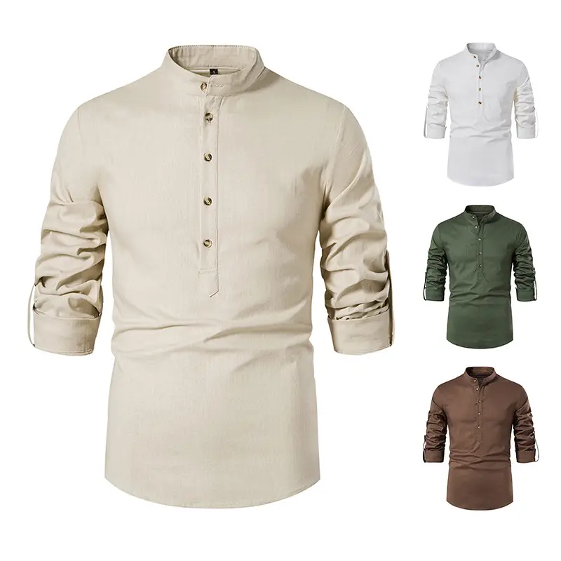 Men's White Linen Button Front Shirt Medium - Image 5