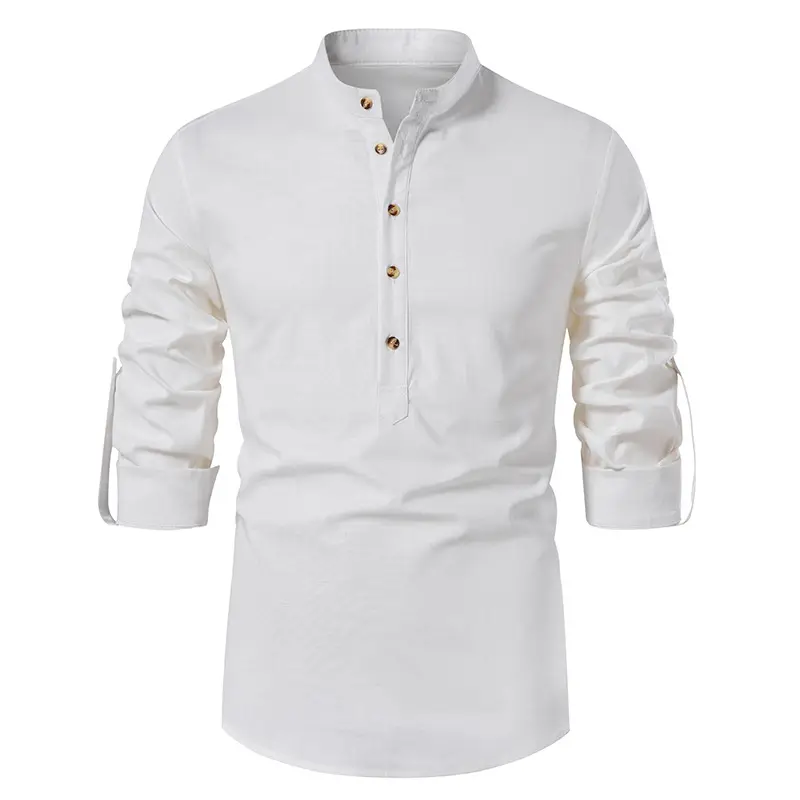 Men's White Linen Button Front Shirt Medium — feature 2