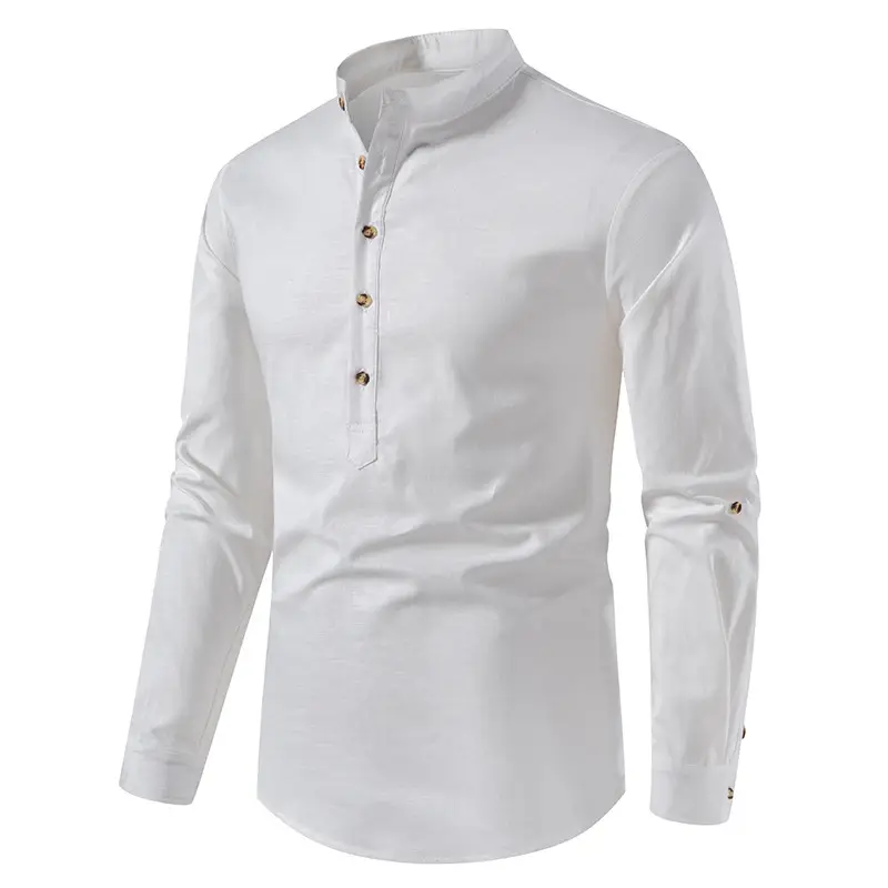 Men's White Linen Button Front Shirt Medium — feature 3