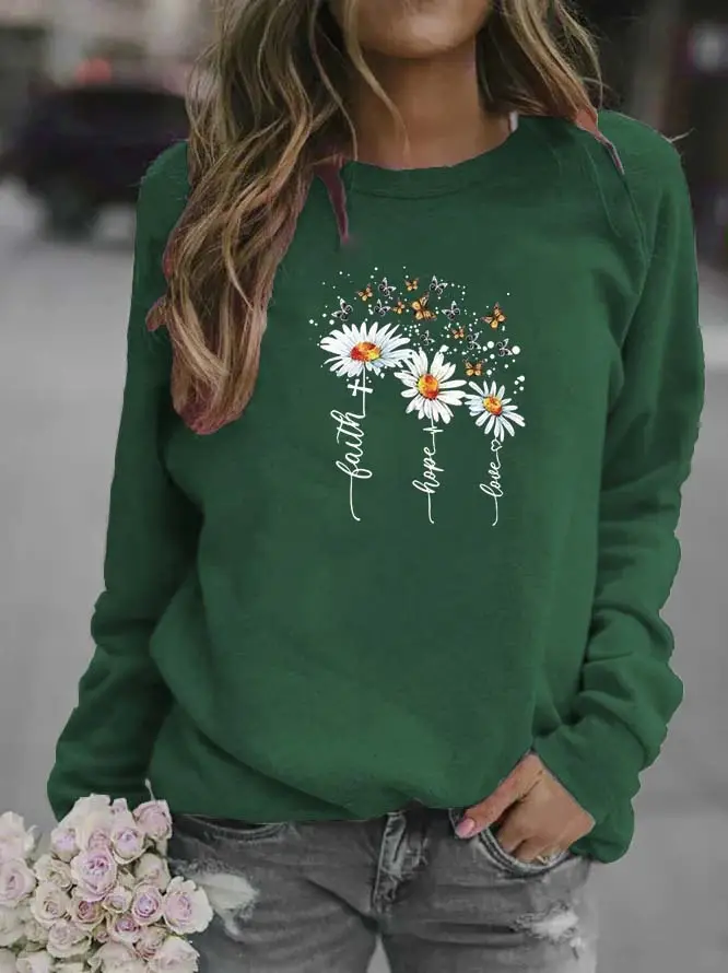 Women's Red Daisy Print Sweatshirt Round Neck - Image 10